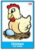 Chicken - Farm Animals educational card with cartoon illustration of a hen and an egg