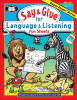 Say & Glue for Language & Listening Fun Sheets, educational workbook with animal characters including a lion, zebra, and dog engaging in language activities for preschool and early elementary children.