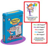 Sentence Remix, educational card game for children featuring a blue box with a cartoon monkey and two example cards with questions and colored words. Sentence Remix, educational card game for children featuring a blue box with a cartoon monkey and two example cards with questions and colored words.