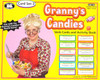 Granny's Candies, Verb Cards and Activity Book from the Granny's Candies Card Set 3 for children aged 7 and up, featuring a bright yellow cover with an image of an elderly woman holding a bowl of candies.