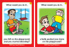 Children's Safety Educational Cards, cartoon illustrations depicting what to do if you fall on the playground or are pushed down by a bully.