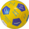 Mini soccer ball like toy with yellow and blue colored sections containing names of attractions and categories in blue and white text. Mini soccer ball like toy with yellow and blue colored sections containing names of attractions and categories in blue and white text.