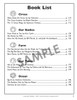 Sample book list page showing chapters of children's books organized into categories such as Circus, Our Bodies, Farm, Our Town, and Ocean, with titles and authors. Sample book list page showing chapters of children's books organized into categories such as Circus, Our Bodies, Farm, Our Town, and Ocean, with titles and authors.