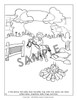 Coloring page featuring a boy riding a horse, with outdoor camping scene including a campfire, rocks, cacti, and clouds, suitable for children to color.