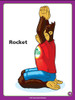 Rocket, cartoon monkey character sitting cross-legged with hands joined in prayer pose, wearing a red shirt with a green and white logo and blue pants.