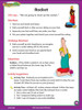 Rocket Yoga Pose Instructions, colorful illustrated guide showing how to perform the rocket yoga pose with steps, challenges, and activity suggestions for children.