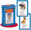 Auditory Memory for Riddles game, blue card deck and example cards showing animals with clues and questions for children. Auditory Memory for Riddles game, blue card deck and example cards showing animals with clues and questions for children.