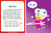 Big Eyes, educational illustration featuring a baby with large eyes and a cartoon character with big eyes saying 'Ga ga!' in a purple background.