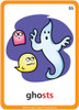Ghosts, cartoon illustration of three playful ghosts with friendly expressions, different colors including pink, yellow, and blue, set against a dark blue background with an orange border.
