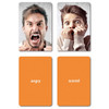 Emotions Flashcards, picture of a man showing anger and a boy showing fear, with corresponding emotion names on orange background cards.