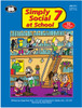 Simply Social 7 at School, educational textbook cover featuring cartoon students in a school library with bookshelves, stairs, and vibrant illustrations.