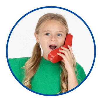 Toy Phone for Kids, a young boy smiling and holding a colorful toy phone to his ear.