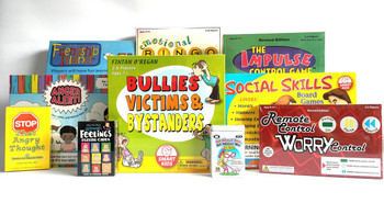 Family board game collection, featuring various colorful card and box games for children and teens including 'Friendship Island,' 'Emotional Bingo,' 'The Impulse Control Game,' 'Bullies Victims & Bystanders,' 'Social Skills Board Games,' 'Remote Control Worry Control,' 'Feeling Playing Cards,' and 'Stop That Angry Thought.'
