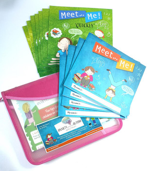 Meet... Me! educational worksheets, colorful paper designed for children to introduce themselves with space for their names.