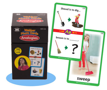 Webber Photo Cards Analogies, educational card game with images illustrating analogies such as shovel to dig, broom to _, and girl with a red broom, for learning vocabulary and analogies. Webber Photo Cards Analogies, educational card game with images illustrating analogies such as shovel to dig, broom to _, and girl with a red broom, for learning vocabulary and analogies.