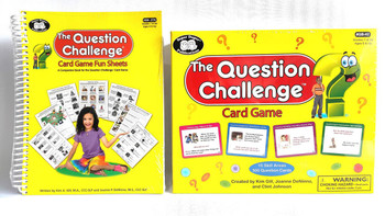 Question Challenge Card Game, colorful box with quiz cards and a smiling girl sitting cross-legged on the cover.