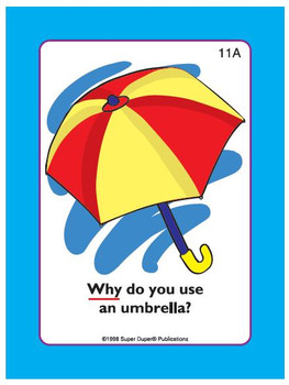 Example fun deck card, colorful illustration of a red and yellow umbrella with a blue handle and decorative element, asking 'Why do you use an umbrella?' Example fun deck card, colorful illustration of a red and yellow umbrella with a blue handle and decorative element, asking 'Why do you use an umbrella?'