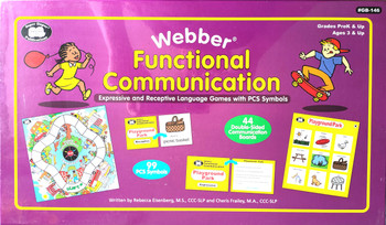 Webber Functional Communication, educational game board set with PCS symbols and expressive and receptive language cards for children ages 3 and up.