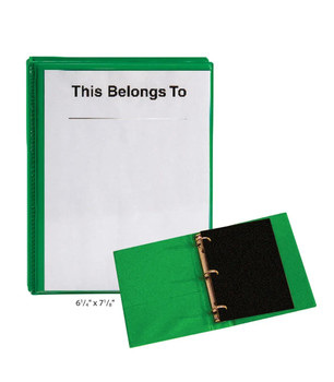 Personalized Binder, green binder with 'This Belongs To' label on the front and interior view showing the black note section with metal rings for organizing papers.