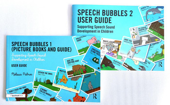Speech Bubbles 1 and 2, supporting speech sound development in children with picture books, guidebooks, and cards.