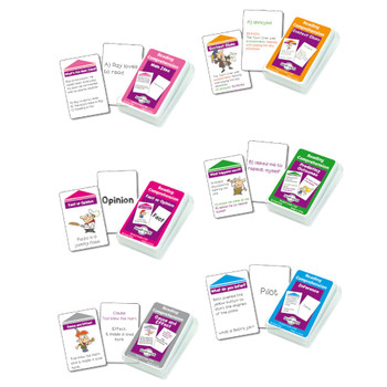 Educational cards set, a collection of cards designed to teach reading comprehension, opinion, cause and effect, and inference skills with colorful illustrations and text.