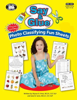 Say & Glue Photo Classifying Fun Sheets, educational coloring and classification activity sheets for children, grades K and up.