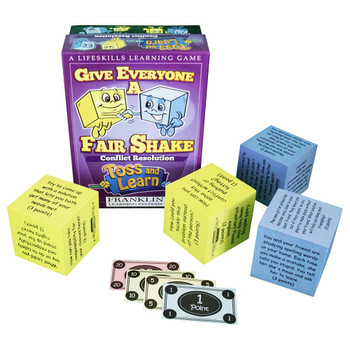 Give Everyone a Fair Shake Conflict Resolution Toss and Learn game, colorful educational game with yellow and blue cubes and cards for learning conflict resolution skills.
