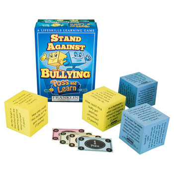 Stand Against Bullying Toss and Learn, educational game with colorful cubes and cards for teaching anti-bullying tips.