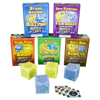Lifeskills Learning Game, Toss and Learn Conflict Resolution card game set with colorful cards and informational cubes for teaching conflict management and emotional skills.