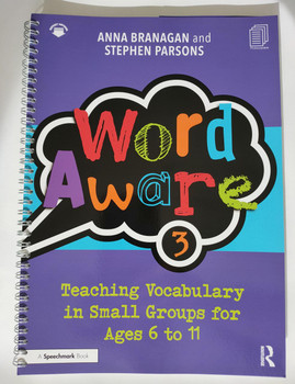 Word Aware 3, colorful educational book cover for teaching vocabulary in small groups for children ages 6 to 11.