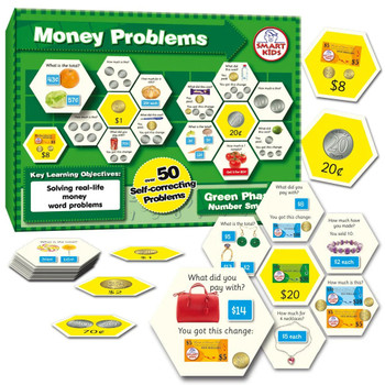 Money Problems, educational self-correcting math game card set for children, featuring colorful hexagonal cards with money and shopping theme questions and answers for learning about money and addition.