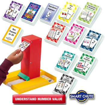 Educational Math Card Game Set, cards with various mathematical concepts such as counting, number patterns, place value, and fractions displayed with colorful packaging for kids learning.
