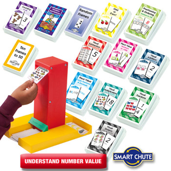 Educational Math Card Game Set, cards with various mathematical concepts such as counting, number patterns, place value, and fractions displayed with colorful packaging for kids learning.