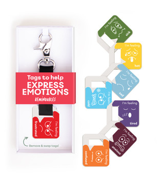 Emotions reminder tags, color-coded tags with facial expressions and feelings such as 'sick', 'hot', 'sad', 'tired', 'anxious', and 'confused' to help express emotions.