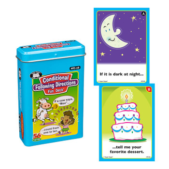 Conditional Following Directions Fun Deck, educational card game with colorful illustrated cards showing instructions and actions for children.