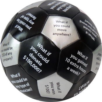 Soccer Ball, novelty soccer ball with inspirational questions printed on black and white panels. Soccer Ball, novelty soccer ball with inspirational questions printed on black and white panels.