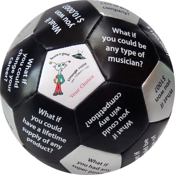 Soccer Ball, soccer ball with printed questions and a cartoon character in the center