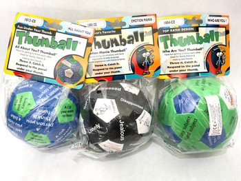 Thumball, emotional intelligence distraction game balls with different themes and printed words for expressing feelings and responses.