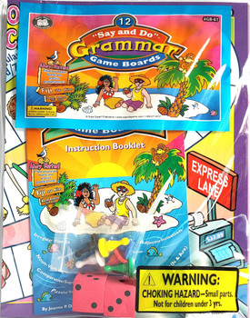 Grammar Game Boards and Instruction Booklet, educational travel-themed board game for practicing good grammar including small game pieces and a pink dice with black dots.