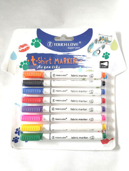 Touch Love Super Pen T-Shirt Markers, set of multicolored fabric markers in pink, purple, blue, red, yellow, green, and orange for fabric decorating and crafting.