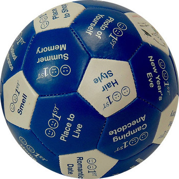 Funny Soccer like Ball, a blue and white 4" ball with humorous topics and emojis printed on each panel, promoting positivity and fun to describe your best, worst or first experiences.