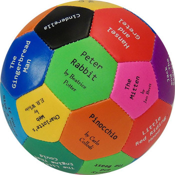 colorful toy ball with children's story titles printed on each hexagonal segment.