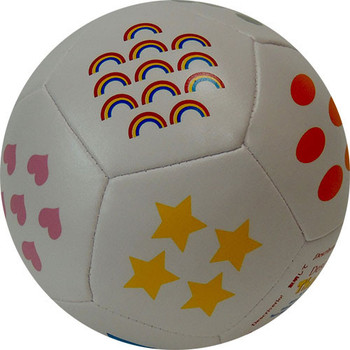 Decorative 4 inch white ball with colorful shapes including polka dots, and pink hearts designs.