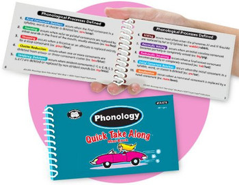 Phonology educational workbook, image of an open spiral-bound book with colorful text and annotations on phonological processes, and a blue workbook titled 'Phonology Quick Take Along' featuring a pink car illustration. Phonology educational workbook, image of an open spiral-bound book with colorful text and annotations on phonological processes, and a blue workbook titled 'Phonology Quick Take Along' featuring a pink car illustration.