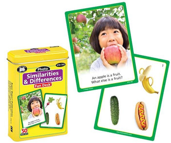 Photo Similarities & Differences Fun Deck, educational card game featuring a girl eating an apple and matching fruit and hot dog images for learning and fun.