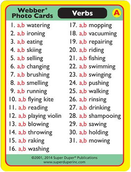 Webber Photo Cards Words, educational flashcards featuring a list of common verbs with example phrases.