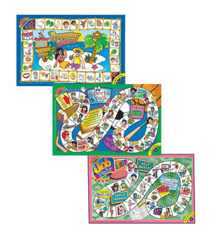 Board game set, includes three colorful game boards with various themed gameplay such as Irregular Island, Sports Talk, and Job Fair, featuring animated characters, game pieces, and interactive elements.