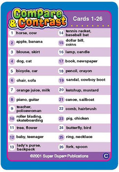 Compare & Contrast Card Deck, listing items from 1 to 26 with their corresponding images including horse, cow, apple, banana, blouse, skirt, dog, cat, bicycle, car, chair, sofa, orange juice, milk, dollar bill, coins, lamp, candle, book, newspaper, pencil, crayon, sandal, cowboy boot, ketchup, mustard, canoe, sailboat, pig, chicken, butterfly, bird, ring, necklace, backpack, fork, spoon.