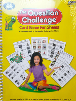 The Question Challenge Card Game Fun Sheets, colorful educational game package depicting a young girl sitting on the floor with several printed activity sheets related to question challenge card game.