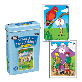 What Are They Asking? Fun Deck, educational card game featuring illustrations of children and animals with question marks for learning questions and answers.